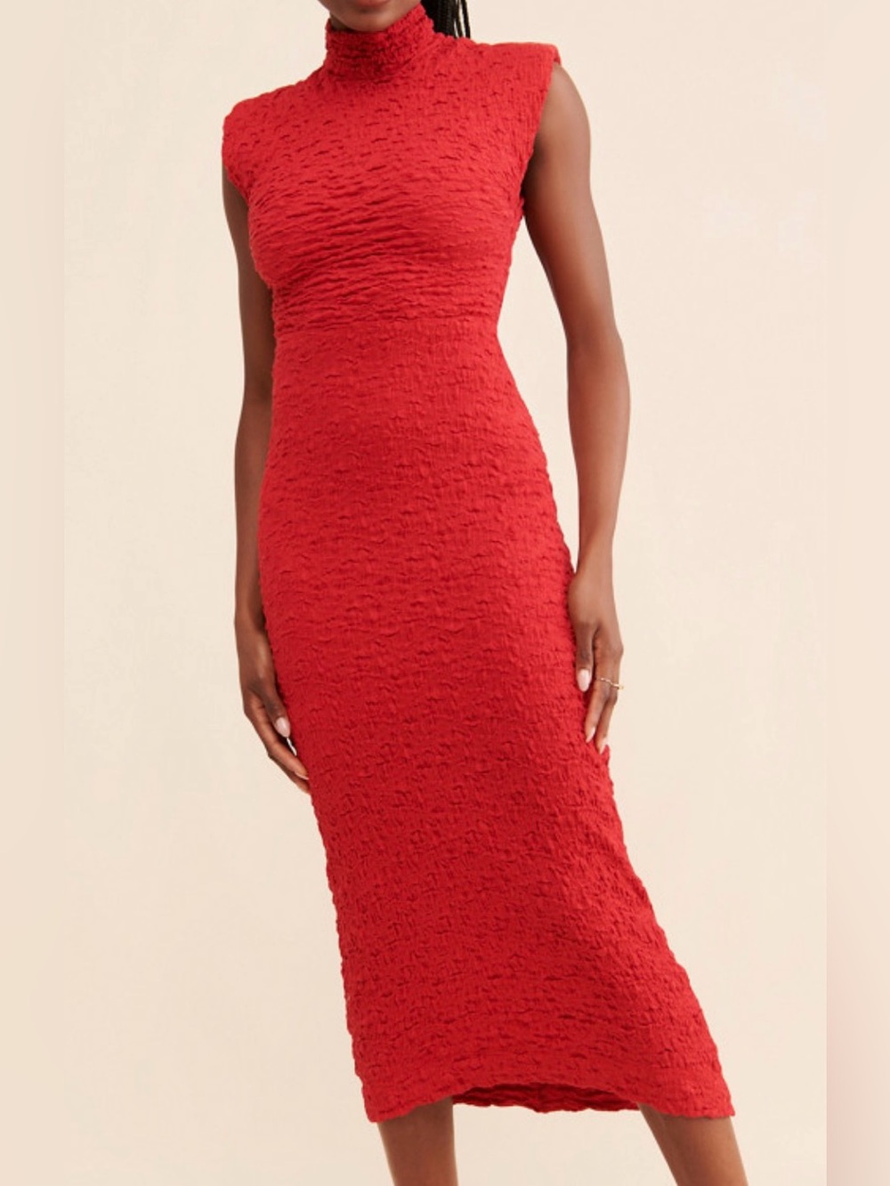 Red Textured Sleeveless Midi Dress